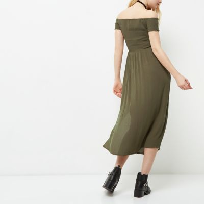 Khaki green geo bardot maxi dress